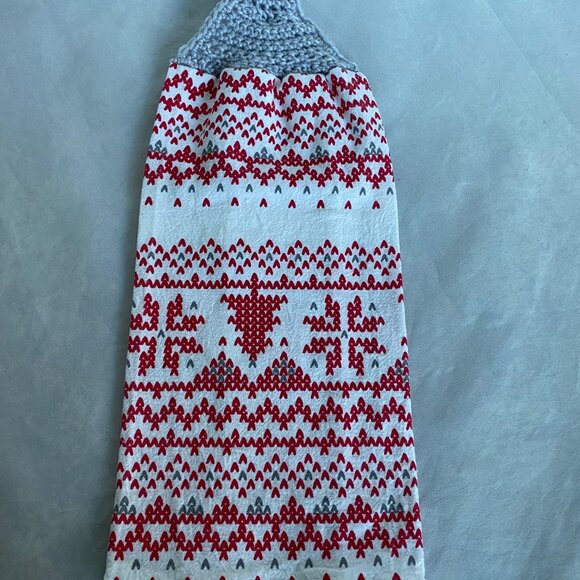 Crochet Top Hanging Red Christmas Trees Snowflakes Flour Sack Kitchen Towel - Picture 4 of 8